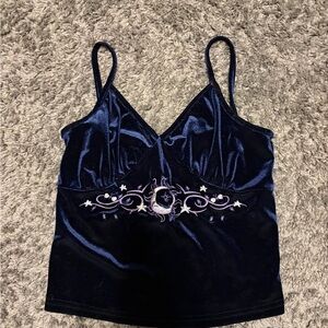 Velvet Crescent Moon Embroidered Cami Tank Top - Navy